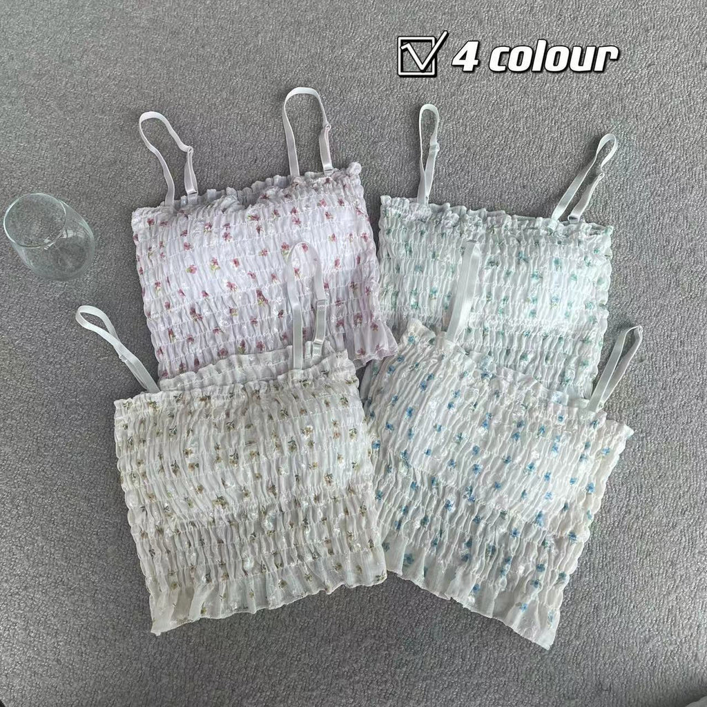 French Floral Camisole Top with Built-in Pads for Summer
