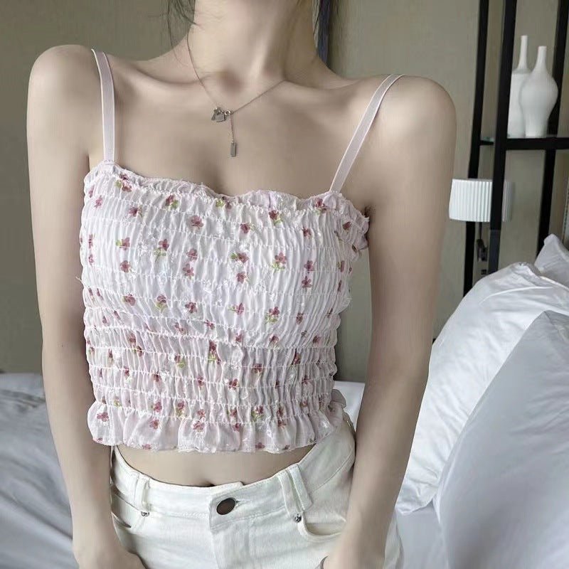 French Floral Camisole Top with Built-in Pads for Summer