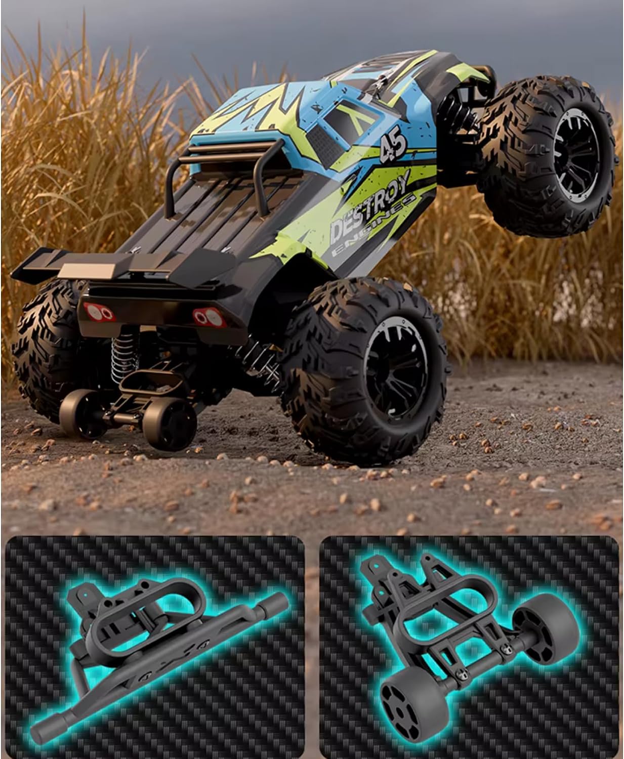 Giffy/Oyuncak 2.4 GhZ Uzaktan Kumandalı 50 Km Hız Yapan Araba, Full Fonksiyon, 4X4 Offroad Arazi Aracı 1300 MaH Şarjlı Pilli Yüksek Teker Araç