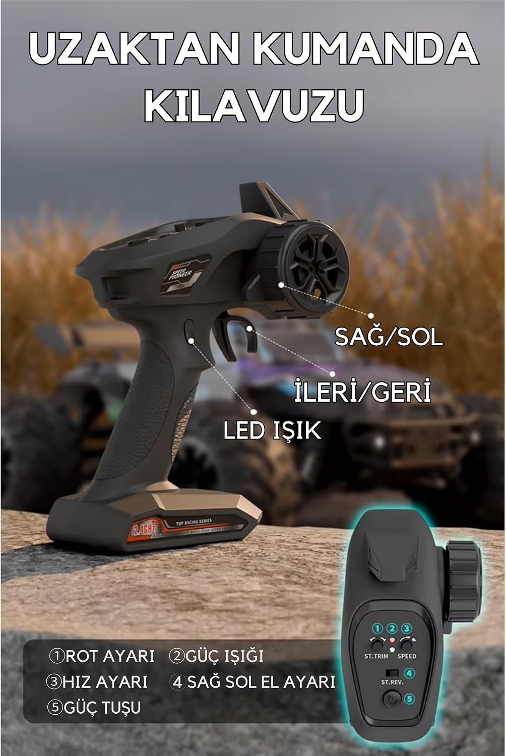 Giffy/Oyuncak 2.4 GhZ Uzaktan Kumandalı 50 Km Hız Yapan Araba, Full Fonksiyon, 4X4 Offroad Arazi Aracı 1300 MaH Şarjlı Pilli Yüksek Teker Araç