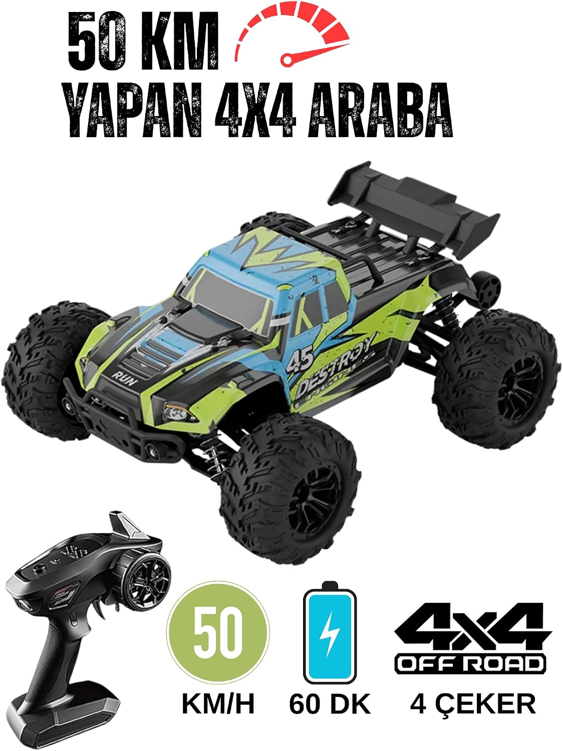 Giffy/Oyuncak 2.4 GhZ Uzaktan Kumandalı 50 Km Hız Yapan Araba, Full Fonksiyon, 4X4 Offroad Arazi Aracı 1300 MaH Şarjlı Pilli Yüksek Teker Araç