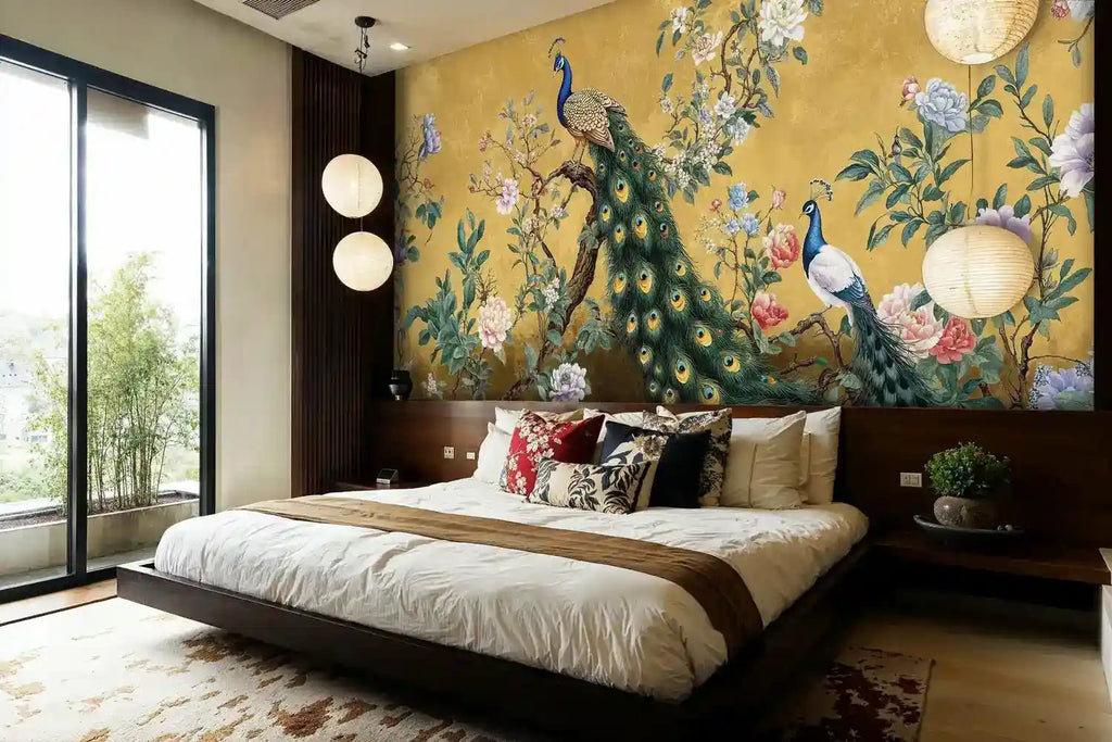 Golden Peacock and Florals Wall Mural