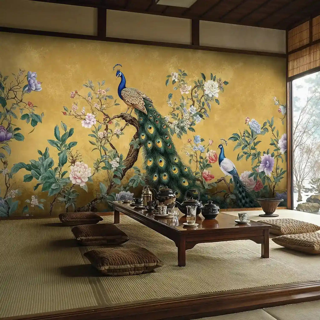 Golden Peacock and Florals Wall Mural