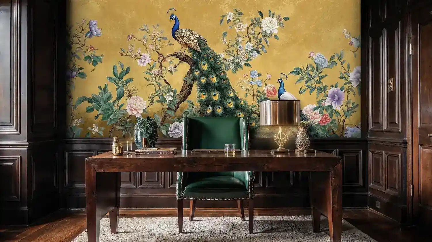 Golden Peacock and Florals Wall Mural