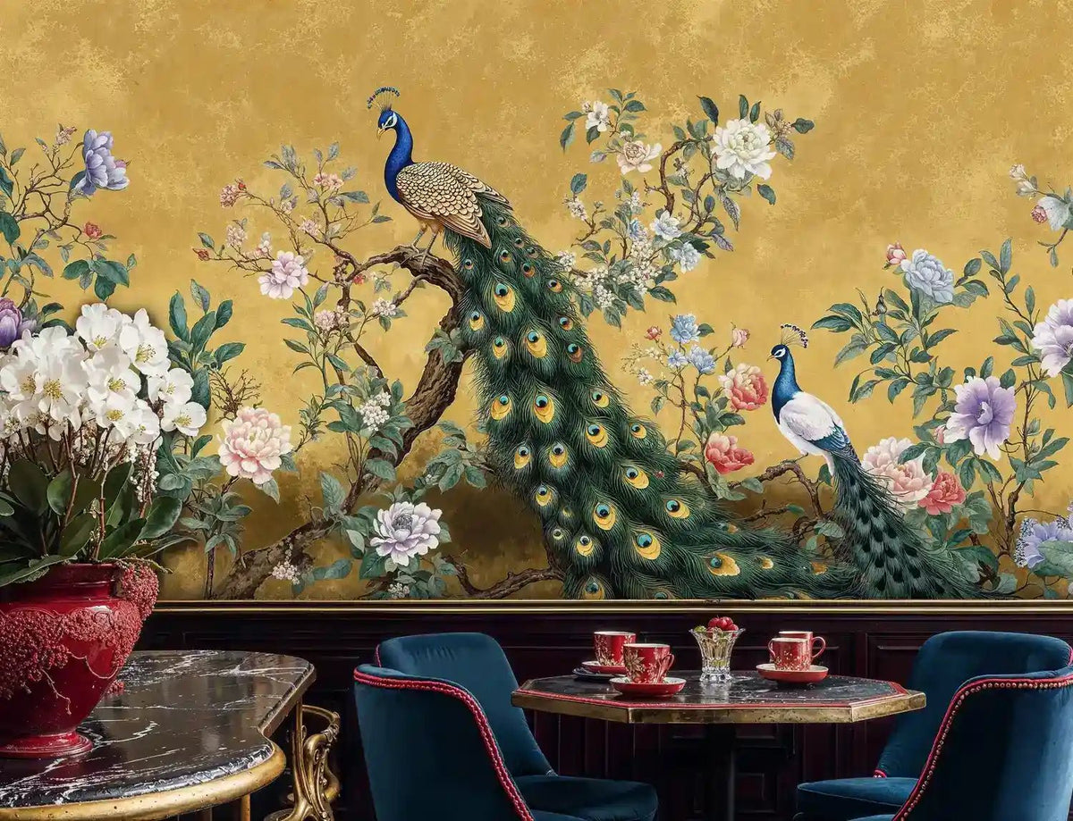 Golden Peacock and Florals Wall Mural