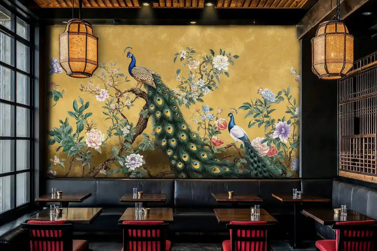Golden Peacock and Florals Wall Mural