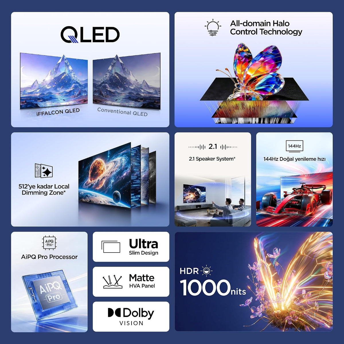 iFFALCON 85U95A 85 İnç Smart TV 4K QD-Mini LED Yüksek Parlaklık HDR 10+ Gaming Google TV, 144Hz Doğal Yenileme Hızı, ONKYO 2.1 Hi-Fi, Dolby Vision Atmos, MEMC, AI Modu, Game Master (2026 Modeli)