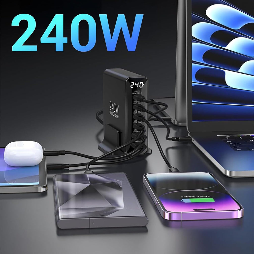 Juo 240W GaN PD 3.1 Masaüstü Hızlı Şarj Cihazı 4 Type-C + 2 USB-A iPhone & MacBook & Laptop Uyumlu Şarj Aleti