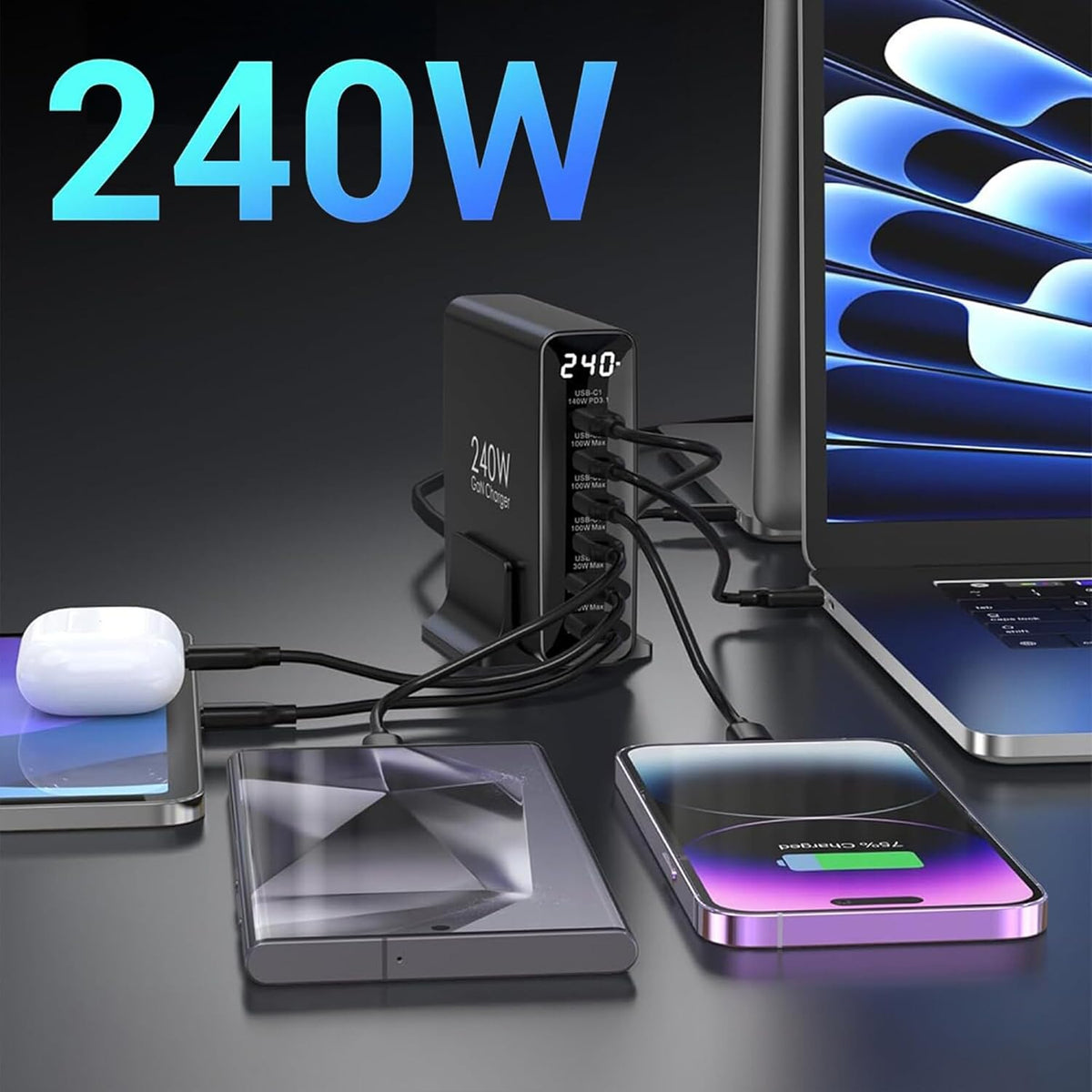 Juo 240W GaN PD 3.1 Masaüstü Hızlı Şarj Cihazı 4 Type-C + 2 USB-A iPhone & MacBook & Laptop Uyumlu Şarj Aleti