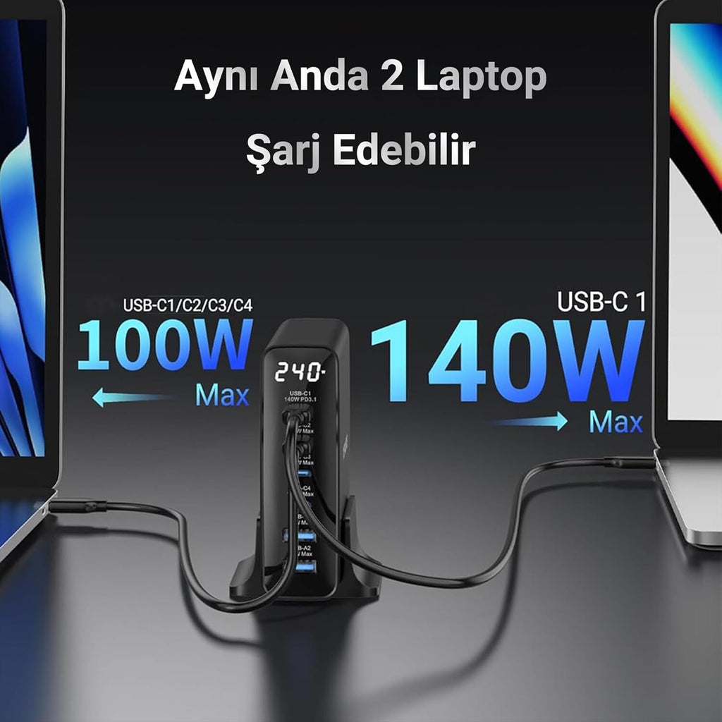 Juo 240W GaN PD 3.1 Masaüstü Hızlı Şarj Cihazı 4 Type-C + 2 USB-A iPhone & MacBook & Laptop Uyumlu Şarj Aleti