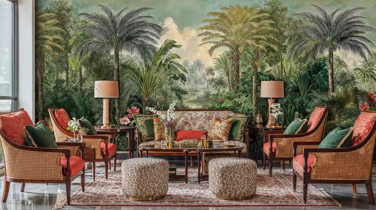 Lush Jungle Palms and Hibiscus Wall Mural