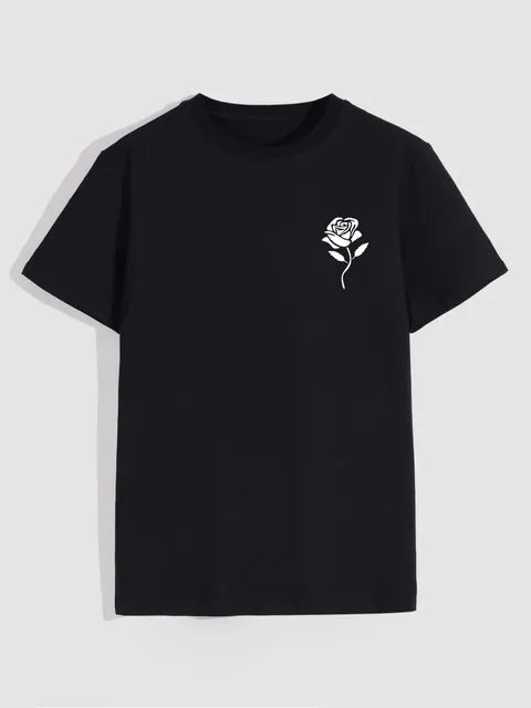 Men's Casual Crew Neck Rose Print T-Shirt (Regular/Oversize)
