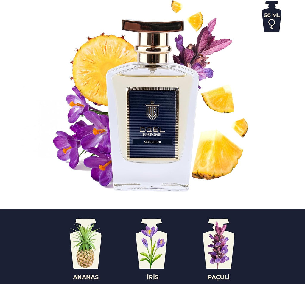 Monsieur Erkek EDP Parfüm 50 ml – Armut, Kakule, Ananas, Lavanta, İris, Deri, Paçuli