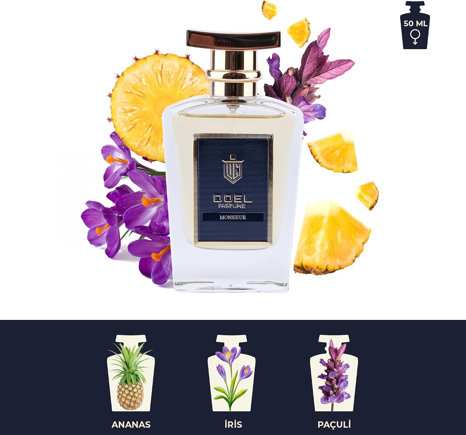 Monsieur Erkek EDP Parfüm 50 ml – Armut, Kakule, Ananas, Lavanta, İris, Deri, Paçuli