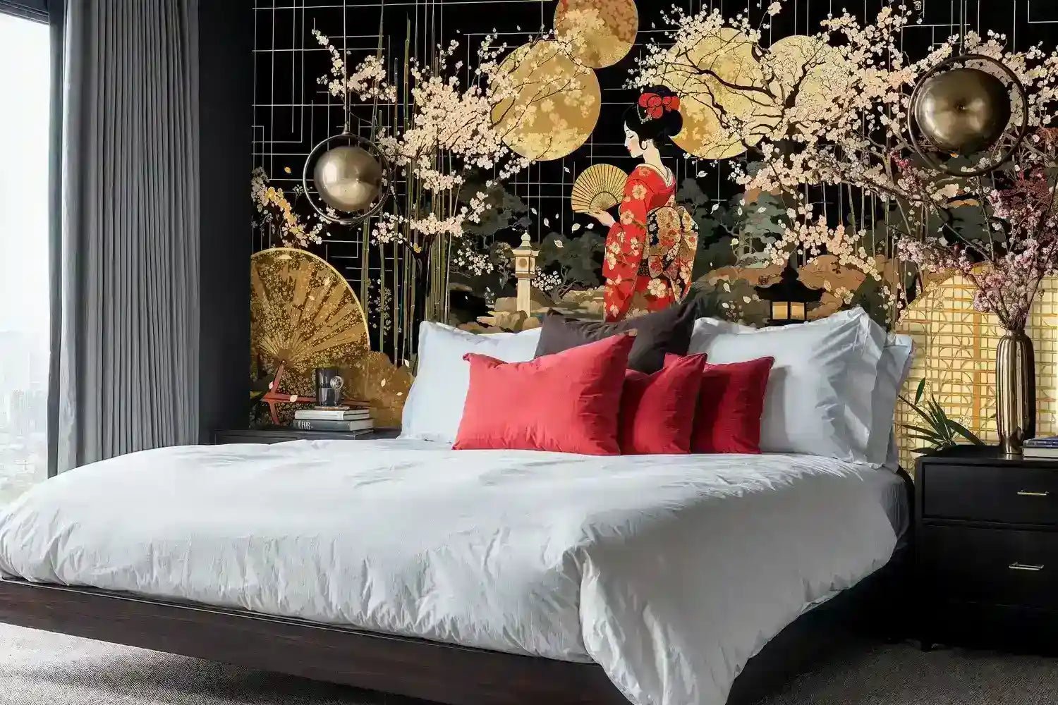 Moonlit Japanese Geisha Sakura Garden Wall Mural