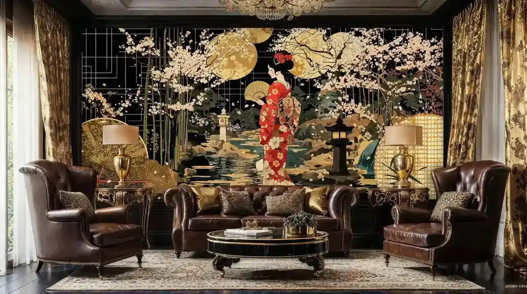 Moonlit Japanese Geisha Sakura Garden Wall Mural
