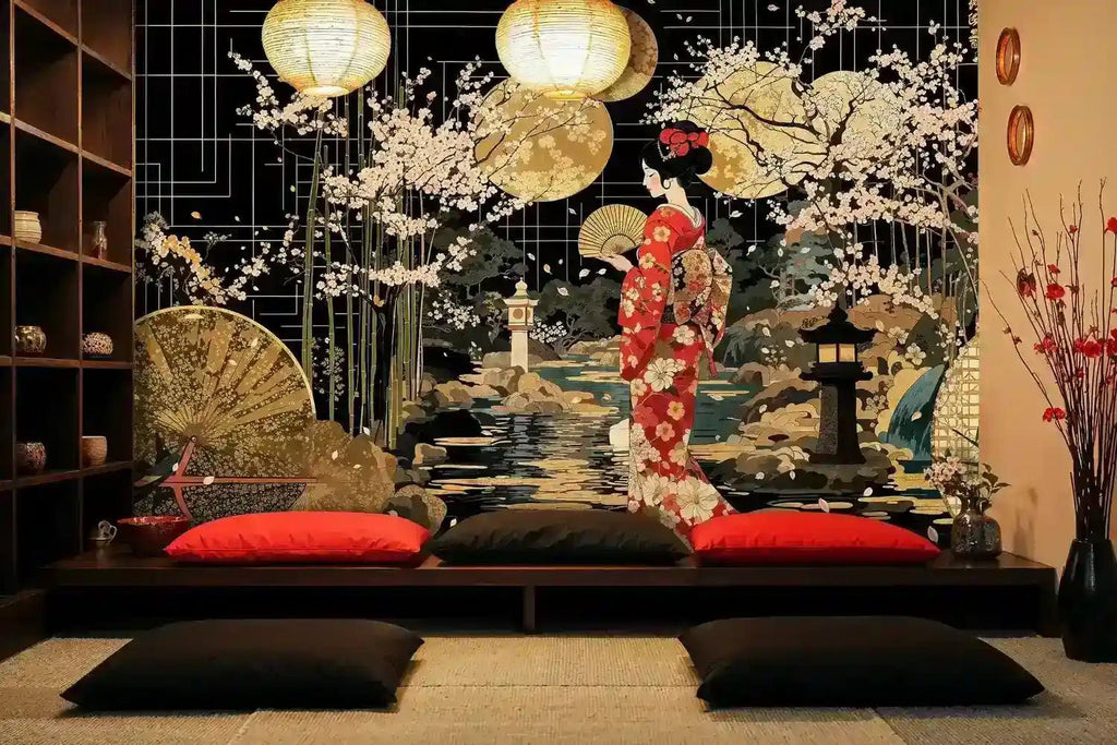 Moonlit Japanese Geisha Sakura Garden Wall Mural