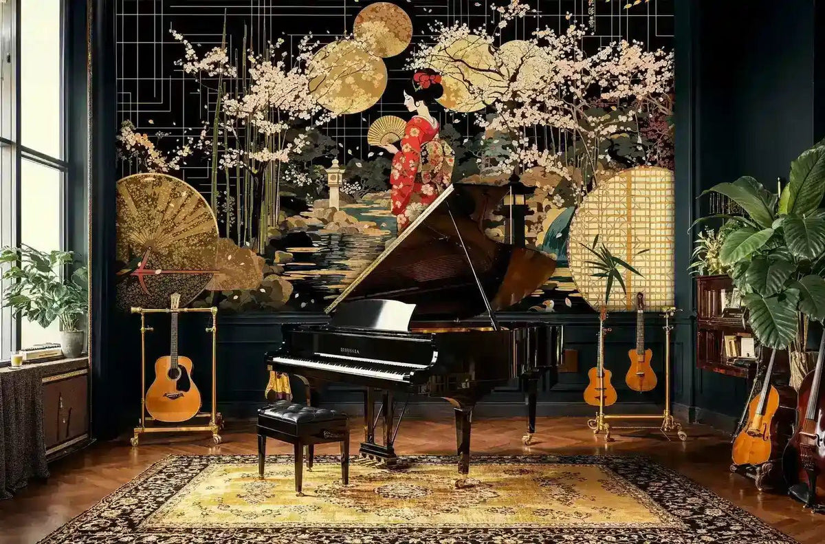 Moonlit Japanese Geisha Sakura Garden Wall Mural