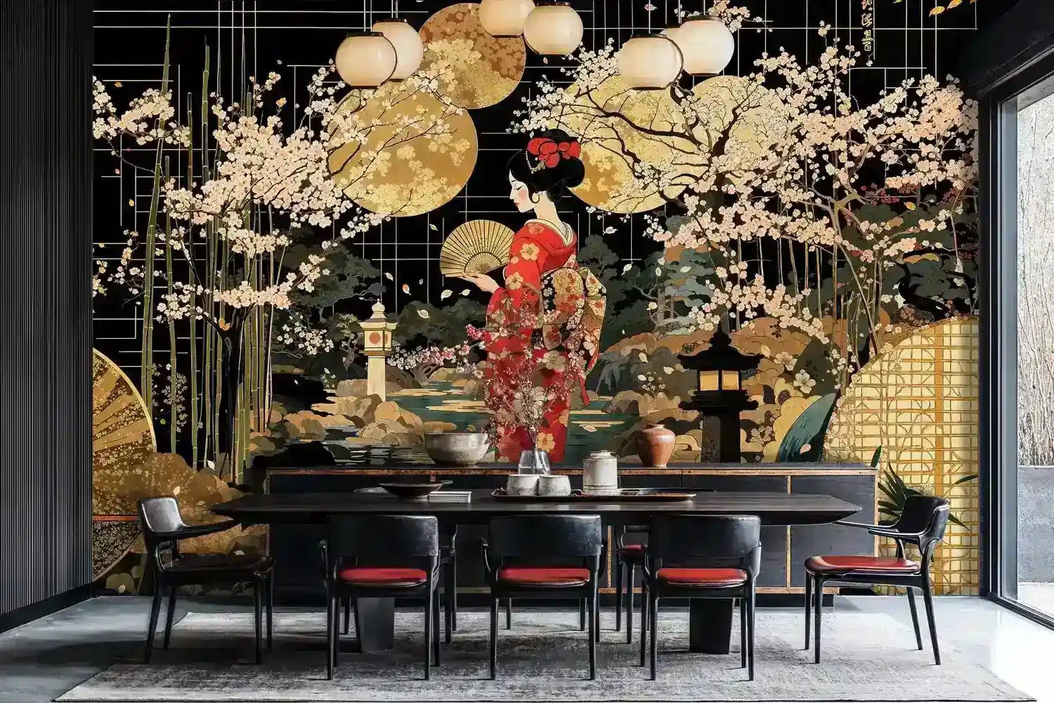 Moonlit Japanese Geisha Sakura Garden Wall Mural