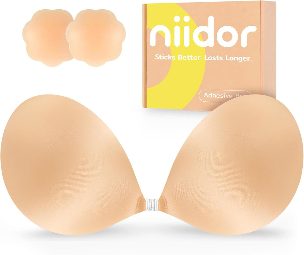 Niidor Adhesive Bra Strapless Ultra Sticky Invisible Push up Silicone Bra Multiple Colors Sizes Reusable for Backless Dress