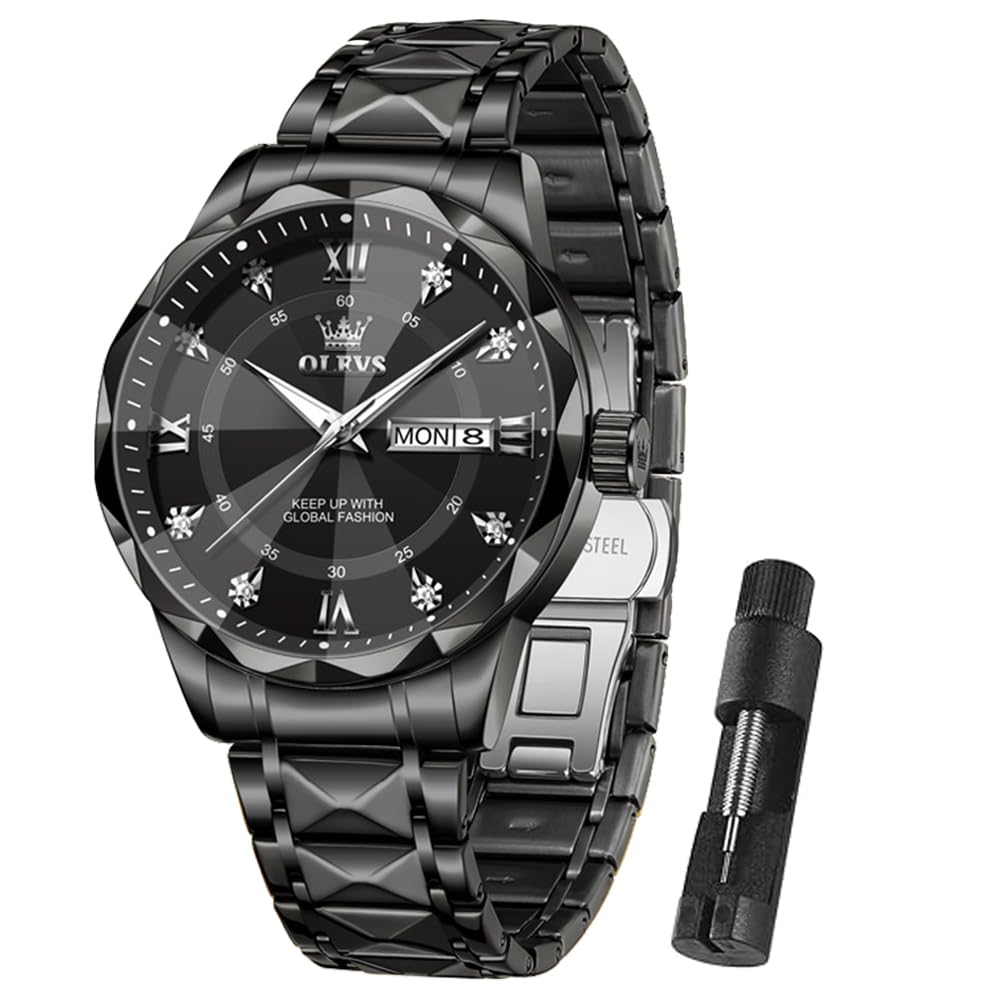 OLEVS Watch for Men Diamond Luxury Dress Classic Analog Big Wrist Large Face Business Fashion Elegant Casual Black Stainless Steel Water Resistant Quartz Men Black Watches