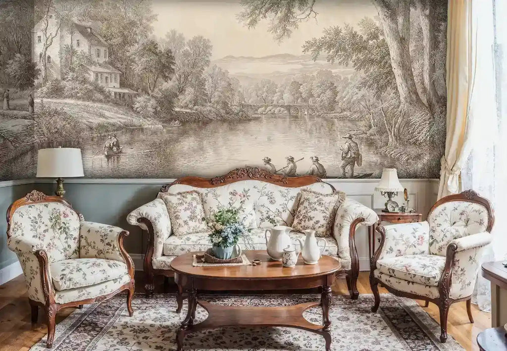 Pastoral River Landscape Wall Mural in Beige and Brown