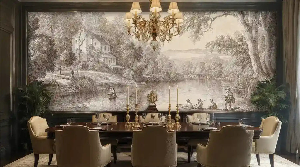 Pastoral River Landscape Wall Mural in Beige and Brown