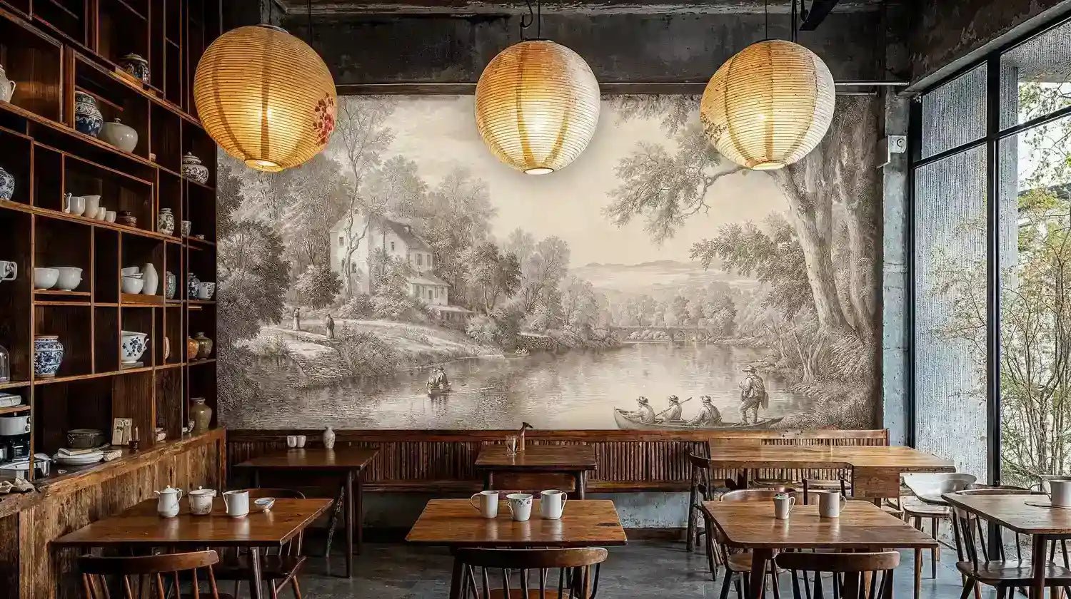 Pastoral River Landscape Wall Mural in Beige and Brown