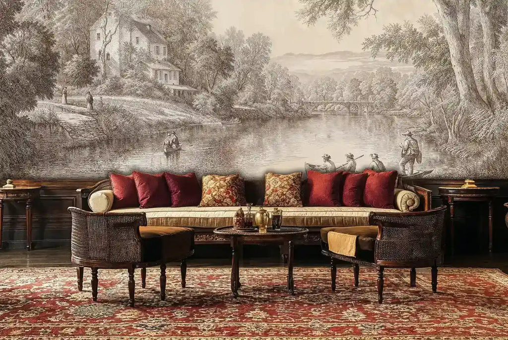 Pastoral River Landscape Wall Mural in Beige and Brown