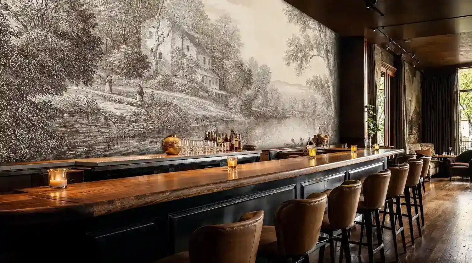 Pastoral River Landscape Wall Mural in Beige and Brown