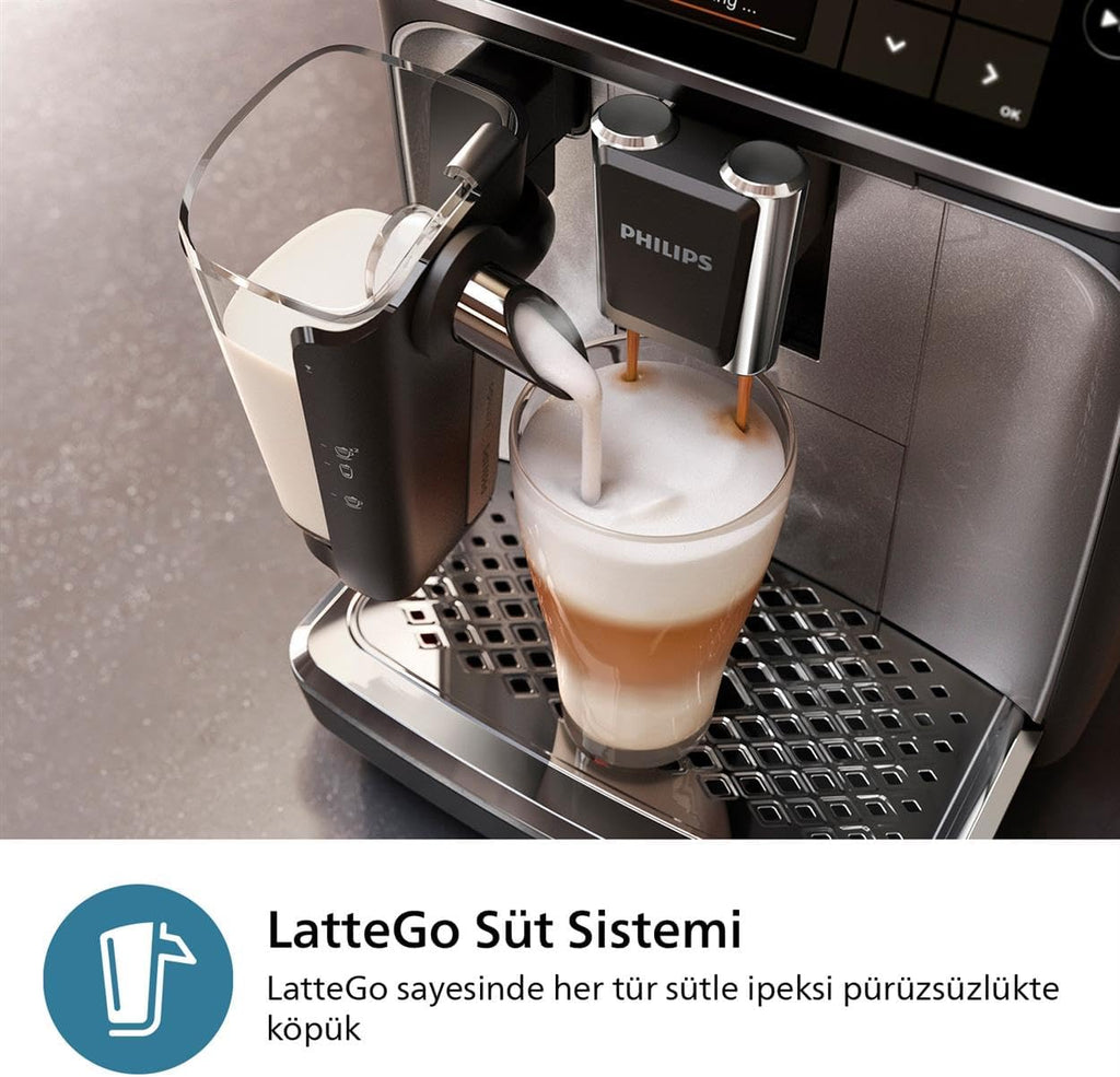 Philips 5500 Serisi LatteGo Tam Otomatik Espresso Makinesi, 20 Sıcak ve Soğuk İçecek, Renkli Dokunmatik Ekran, SilentBrew Teknolojisi (EP5543/90)
