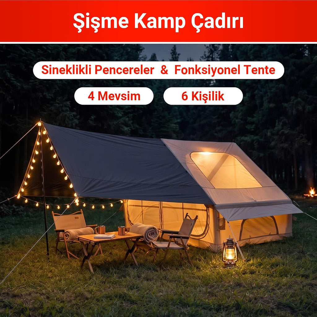 Pikas Rovos Şişme Kamp Çadırı 6 Kişilik | Büyük Boy Aile Çadırı | Hızlı Kurulum Hava Direkli | Kamp, Glamping, Festival ve Outdoor Kullanımı - Camping