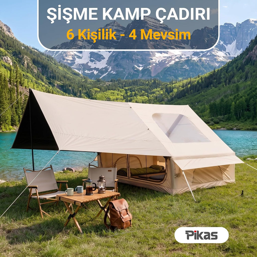 Pikas Rovos Şişme Kamp Çadırı 6 Kişilik | Büyük Boy Aile Çadırı | Hızlı Kurulum Hava Direkli | Kamp, Glamping, Festival ve Outdoor Kullanımı - Camping