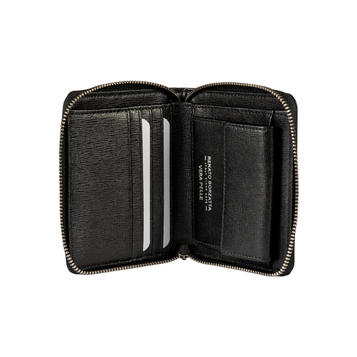 RB1086A | Women's Zip Around Wallet Made in Italy in Genuine Saffiano Leather. Polished Silver Metal Hardware. Black Color. Dimensions (closed): 10 x 12 x 2 cm