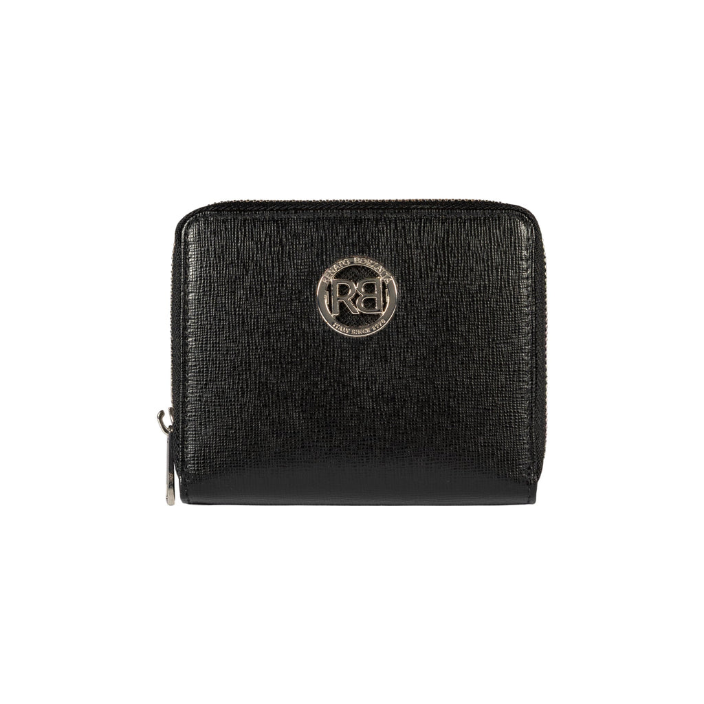 RB1086A | Women's Zip Around Wallet Made in Italy in Genuine Saffiano Leather. Polished Silver Metal Hardware. Black Color. Dimensions (closed): 10 x 12 x 2 cm