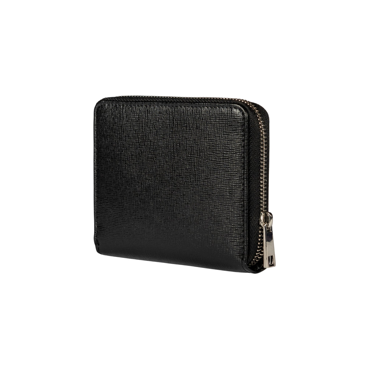 RB1086A | Women's Zip Around Wallet Made in Italy in Genuine Saffiano Leather. Polished Silver Metal Hardware. Black Color. Dimensions (closed): 10 x 12 x 2 cm