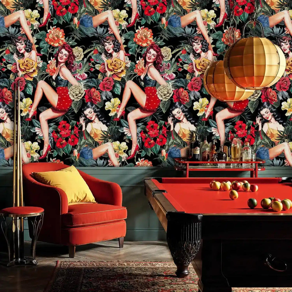 Retro Pin-Up Girls in Lush Florals Wallpaper