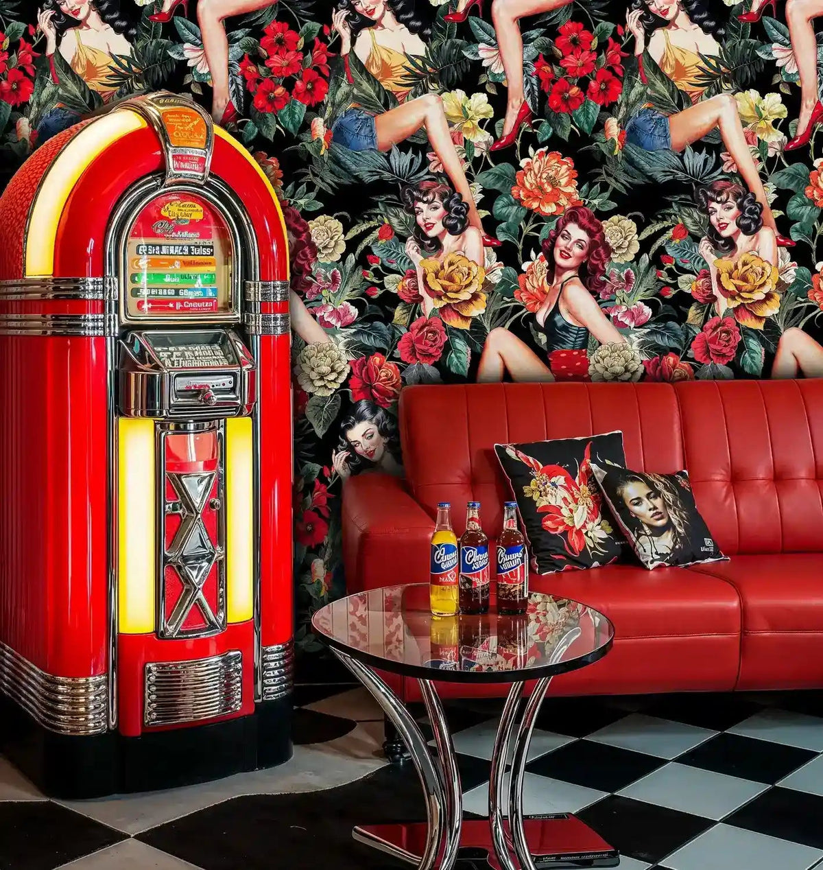 Retro Pin-Up Girls in Lush Florals Wallpaper