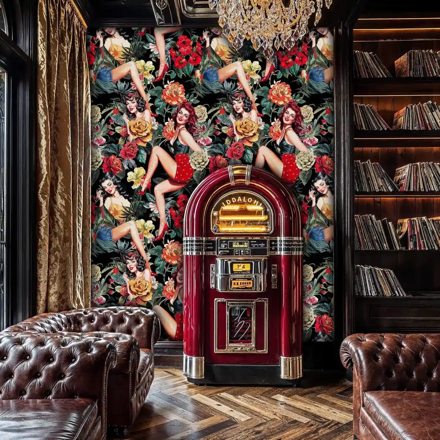 Retro Pin-Up Girls in Lush Florals Wallpaper
