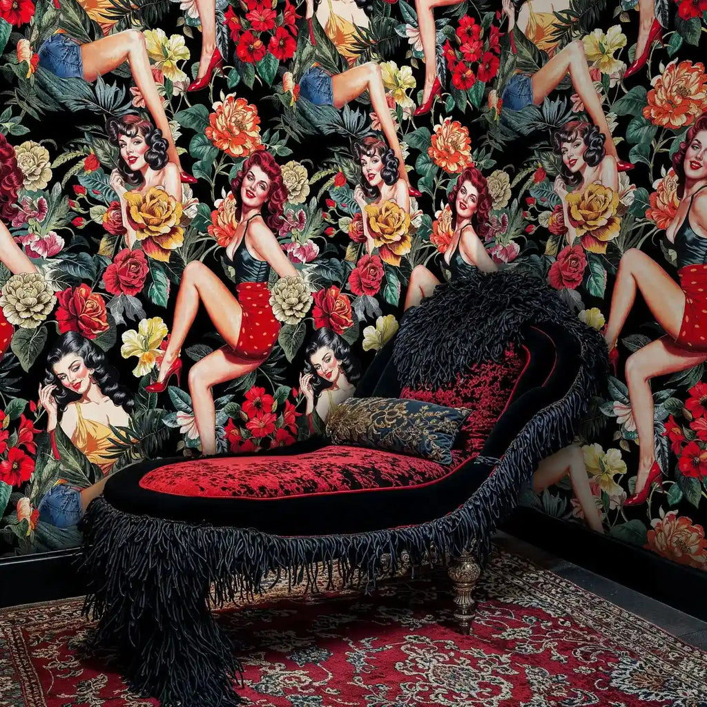 Retro Pin-Up Girls in Lush Florals Wallpaper