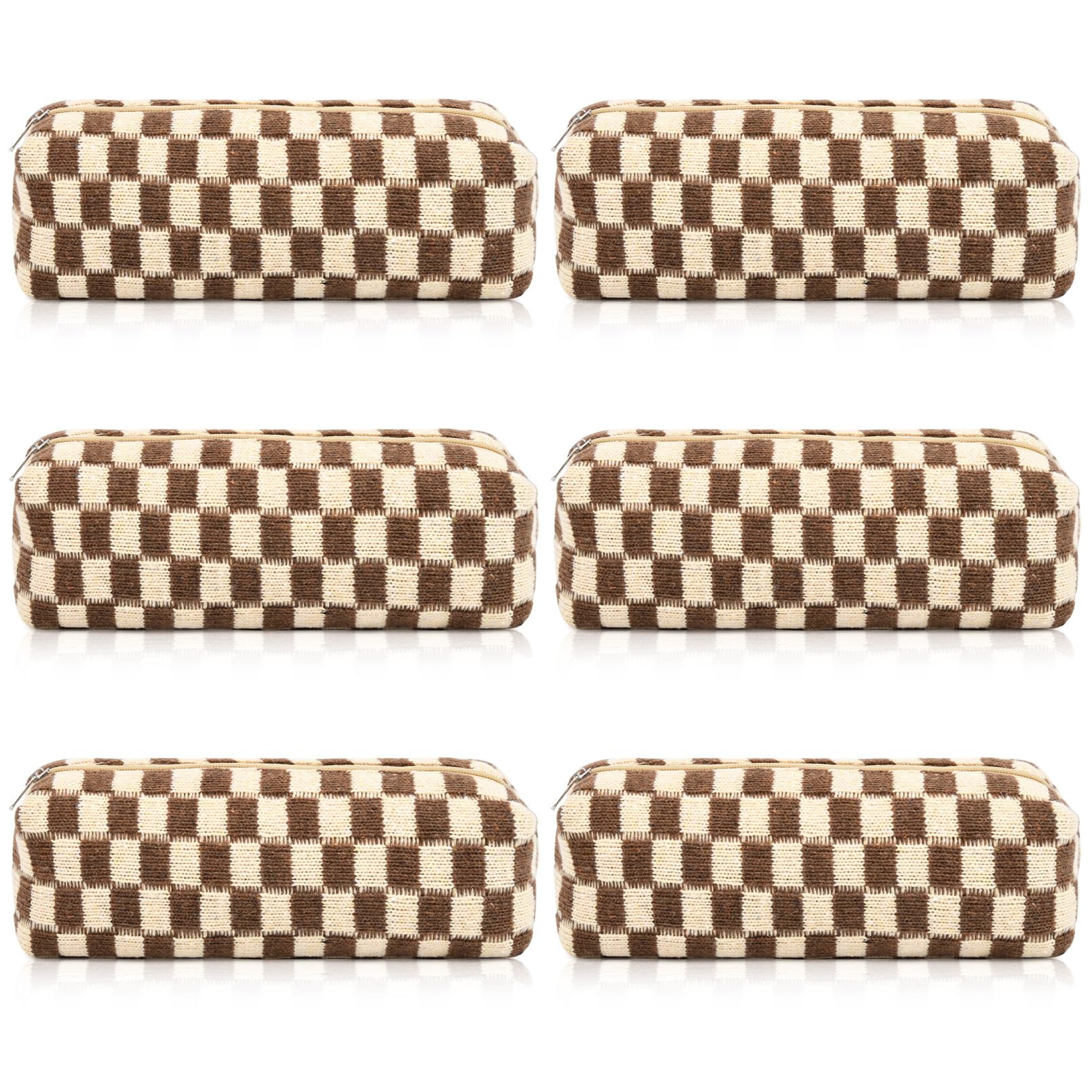 SOIDRAM 6 Pcs Checkered Makeup Bag Preppy Cosmetic Bag Bulk Makeup Pouch Personalize Travel Toiletry Bag Organizer Cute DIY Makeup Brushes Storage Bag for Women Brown