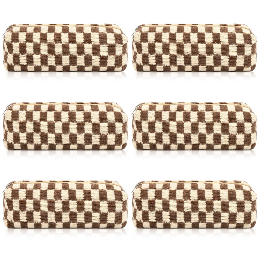 SOIDRAM 6 Pcs Checkered Makeup Bag Preppy Cosmetic Bag Bulk Makeup Pouch Personalize Travel Toiletry Bag Organizer Cute DIY Makeup Brushes Storage Bag for Women Brown