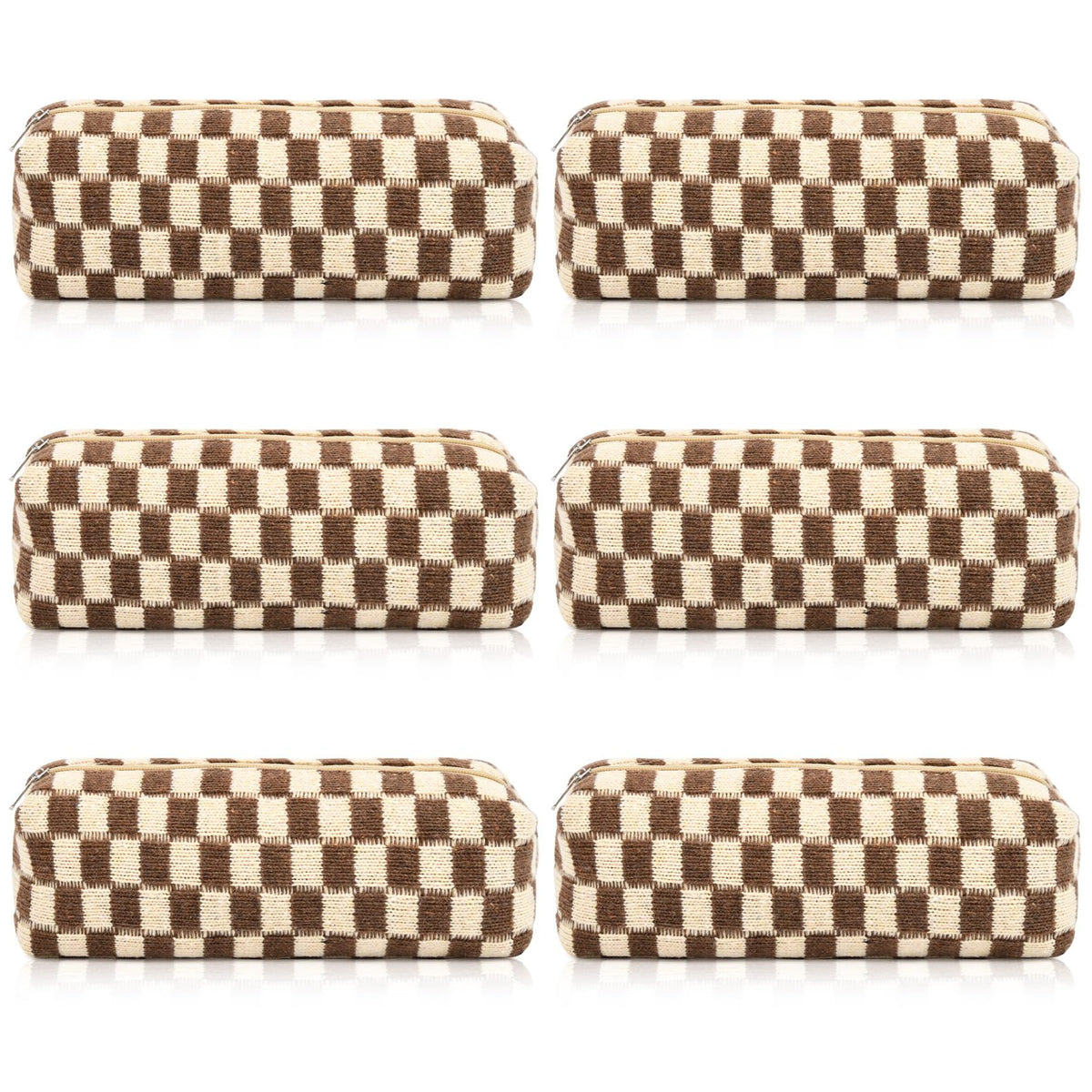 SOIDRAM 6 Pcs Checkered Makeup Bag Preppy Cosmetic Bag Bulk Makeup Pouch Personalize Travel Toiletry Bag Organizer Cute DIY Makeup Brushes Storage Bag for Women Brown