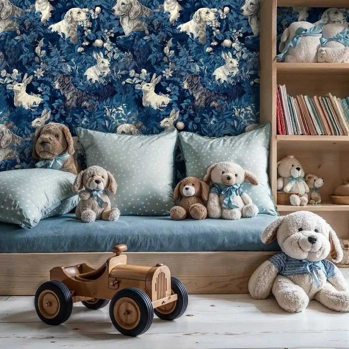 Woodland Dogs and Rabbits Botanical Wallpaper