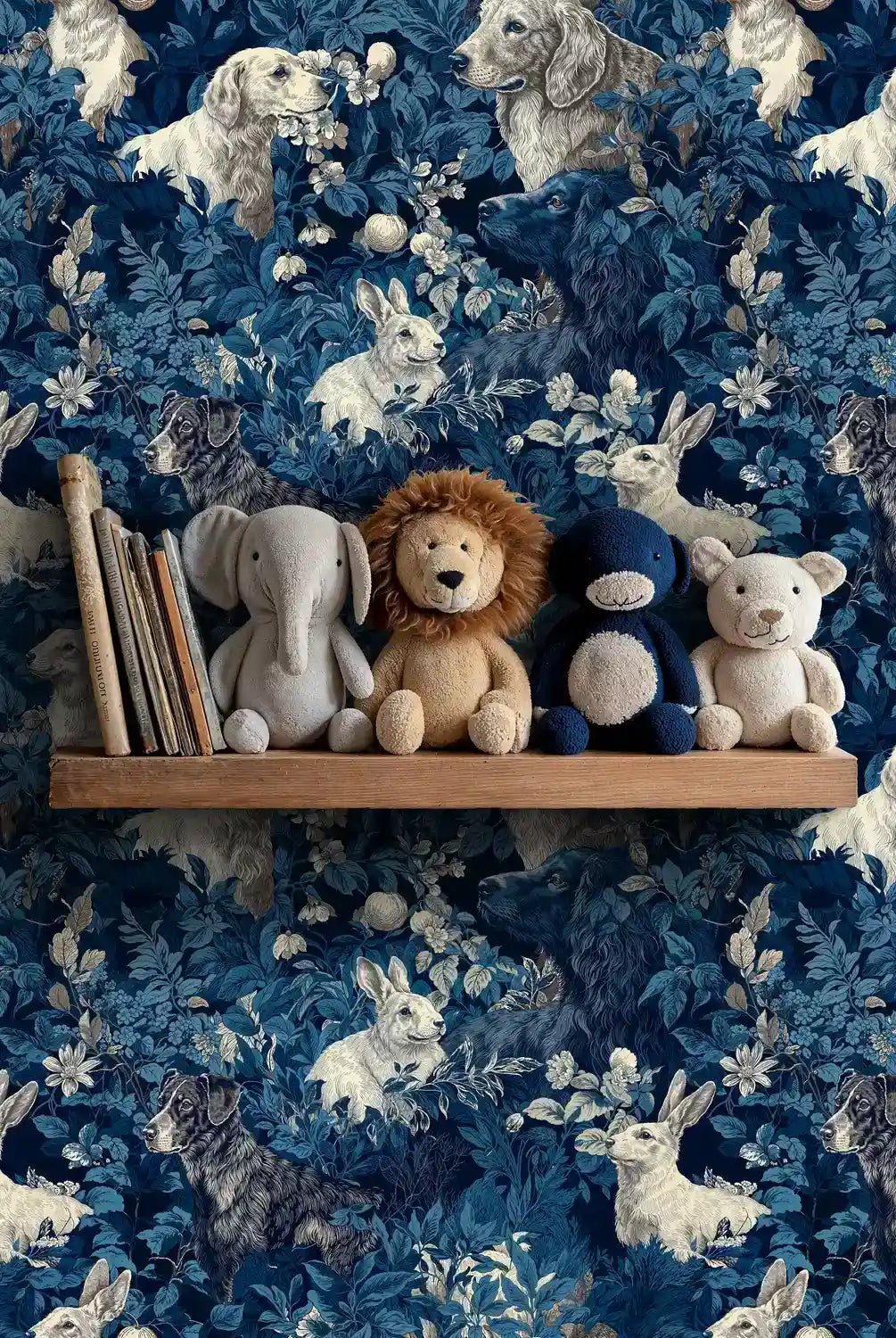 Woodland Dogs and Rabbits Botanical Wallpaper