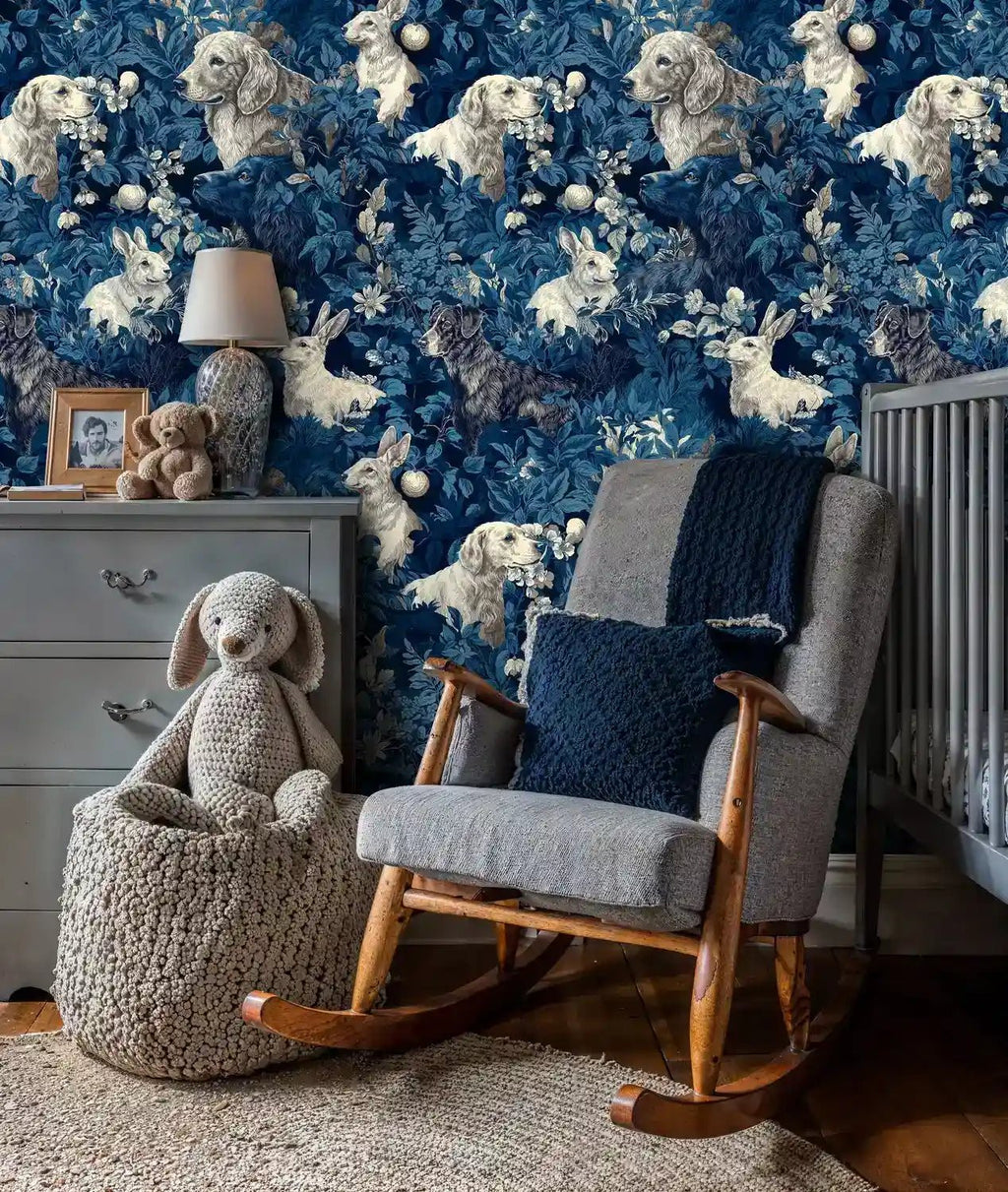 Woodland Dogs and Rabbits Botanical Wallpaper