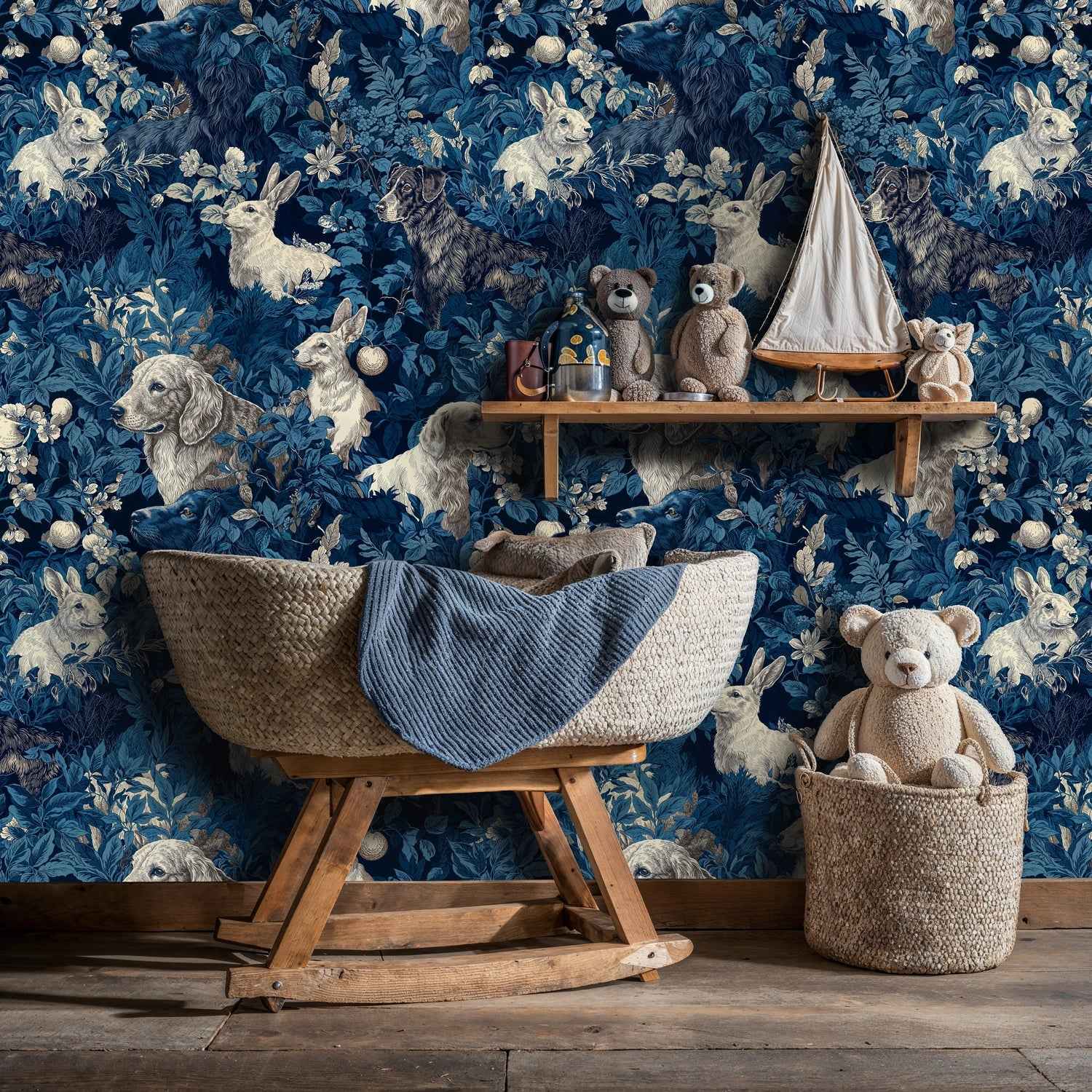 Woodland Dogs and Rabbits Botanical Wallpaper